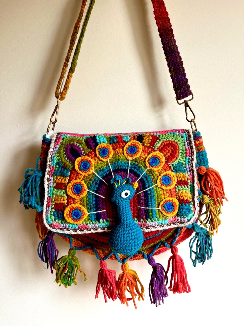 Vibrant Multicolor Peacock Crochet Crossbody Bag